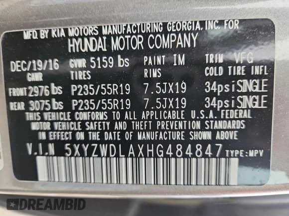 ✅ 2017 Hyundai Santa Fe Ultimate • VIN: 5XYZWDLAXHG484847 • Lot: 89536005. Listed on Copart with 106,847 mi. Free auction sales archive from the USA and detailed vehicle history report at DreamBid. Image 13.