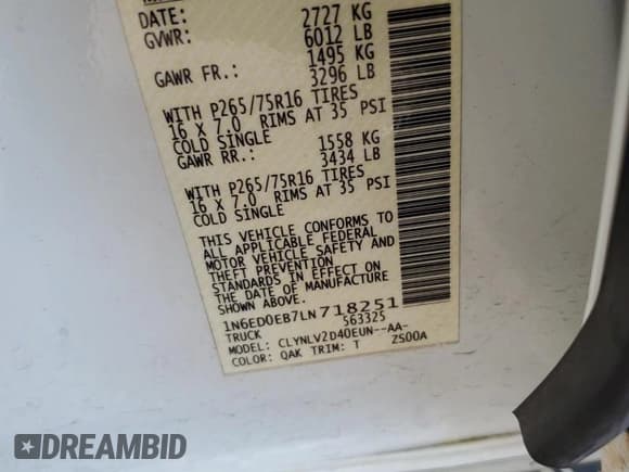 ✅ 2020 Nissan Frontier Pro-4X • VIN: 1N6ED0EB7LN718251 • Lot: 81062275. Listed on Copart with 73,178 mi. Free auction sales archive from the USA and detailed vehicle history report at DreamBid. Image 12.