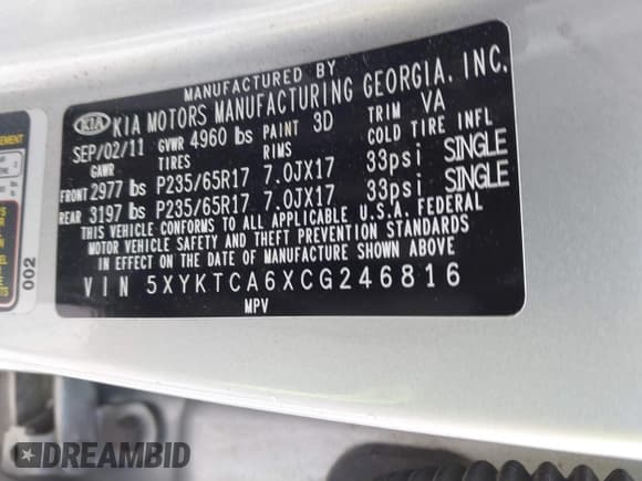 ✅ 2012 Kia Sorento LX • VIN: 5XYKTCA6XCG246816 • Lot: 43864686. Listed on IAAI with 112,000 mi. Free auction sales archive from the USA and detailed vehicle history report at DreamBid. Image 9.