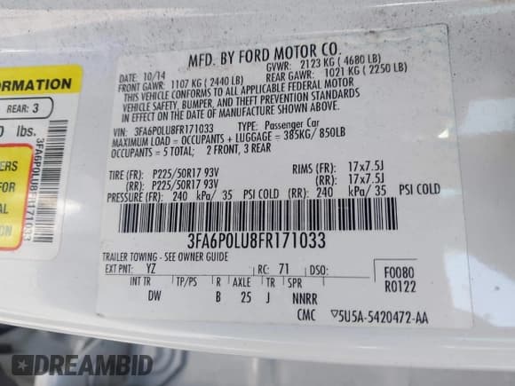 ✅ 2015 Ford Fusion SE Hybrid • VIN: 3FA6P0LU8FR171033 • Lot: 42966230. Listed on IAAI with 188,801 mi. Free auction sales archive from the USA and detailed vehicle history report at DreamBid. Image 9.