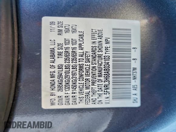 ✅ 2010 Honda Odyssey EX-L • VIN: 5FNRL3H68AB034103 • Lot: 95981635. Listed on Copart with 126,963 mi. Free auction sales archive from the USA and detailed vehicle history report at DreamBid. Image 13.