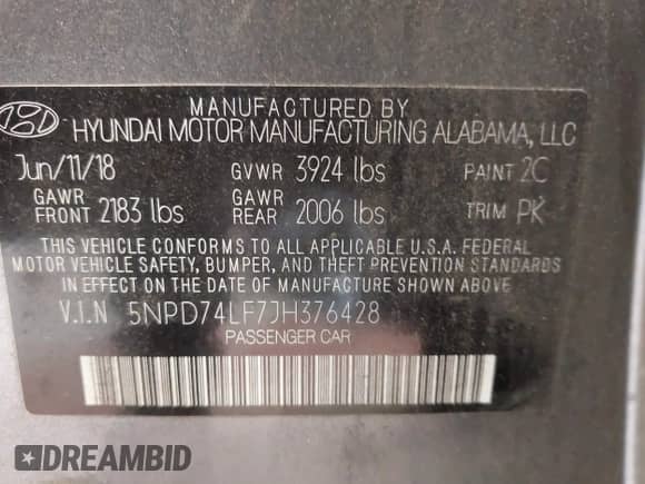 ✅ 2018 Hyundai Elantra SE • VIN: 5NPD74LF7JH376428 • Lot: 43406576. Listed on IAAI with 117,577 mi miles. Access the free auction sales archive from the USA and view a detailed vehicle history report at DreamBid. Image 9.