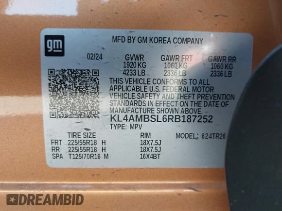 ✅ 2024 Buick Encore GX Preferred • VIN: KL4AMBSL6RB187252 • Lot: 43597611. Listed on IAAI with 18,659 mi. Free auction sales archive from the USA and detailed vehicle history report at DreamBid. Image 9.