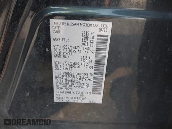 ✅ 2015 Nissan Pathfinder Platinum • VIN: 5N1AR2MM8FC720510 • Lot: 42850270. Listed on IAAI with Not provided. Free auction sales archive from the USA and detailed vehicle history report at DreamBid. Image 9.