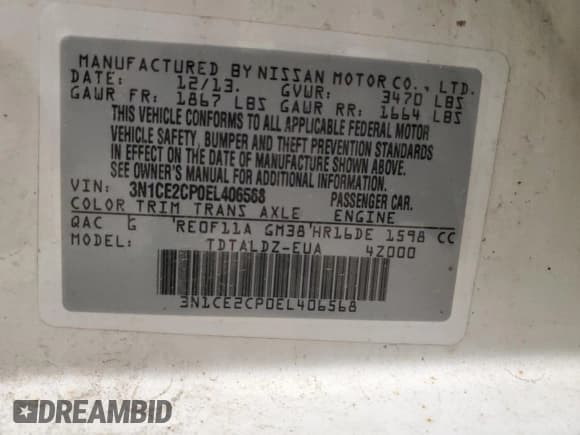 ✅ 2014 Nissan Note SV • VIN: 3N1CE2CP0EL406568 • Lot: 59156695. Listed on Copart with 100,242 mi. Free auction sales archive from the USA and detailed vehicle history report at DreamBid. Image 12.