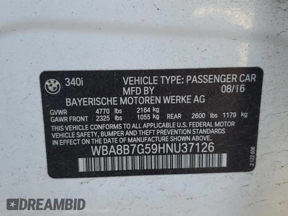 ✅ 2017 BMW 3 Series 340i xDrive • VIN: WBA8B7G59HNU37126 • Lot: 46144785. Listed on Copart with 45,913 mi. Free auction sales archive from the USA and detailed vehicle history report at DreamBid. Image 12.