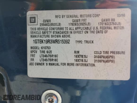 ✅ 1998 GMC Sierra 1500 • VIN: 1GTEK19R3WR515392 • Лот: 60257755. Опубликован ранее на Copart с пробегом 158 756 миль. Бесплатный доступ к архиву аукционных продаж из США и подробный отчёт об истории автомобиля на DreamBid. Изображение 12.