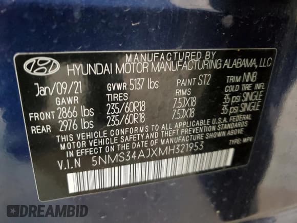 ✅ 2021 Hyundai Santa Fe SEL • VIN: 5NMS34AJXMH321953 • Lot: 49881094. Wystawiony na Copart z przebiegiem 31 474 mil. Bezpłatny archiwum sprzedaży aukcyjnych z USA i szczegółowy raport historii pojazdu na DreamBid. Zdjęcie 13.
