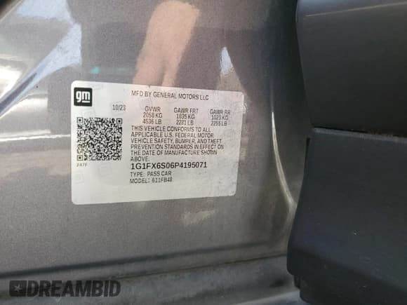 ✅ 2023 Chevrolet Bolt EV 2LT • VIN: 1G1FX6S06P4195071 • Lot: 93037585. Listed on Copart with 45,259 mi. Free auction sales archive from the USA and detailed vehicle history report at DreamBid. Image 12.