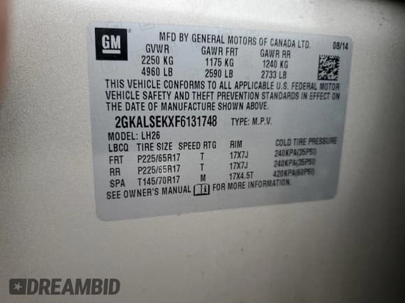 ✅ 2015 GMC Terrain SLT • VIN: 2GKALSEKXF6131748 • Lot: 81719514. Listed on Copart with 83,415 mi. Free auction sales archive from the USA and detailed vehicle history report at DreamBid. Image 13.