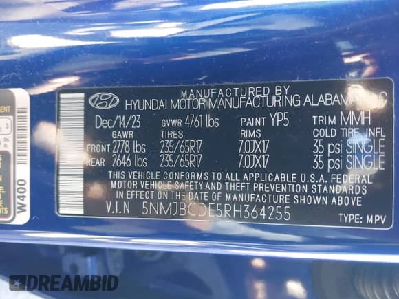 2024 Hyundai Tucson SEL with VIN 5NMJBCDE5RH364255, listed as a IAAI auction lot 43409904 with 38,715 mi miles and . Bid and sale history available at DreamBid. Image 9.