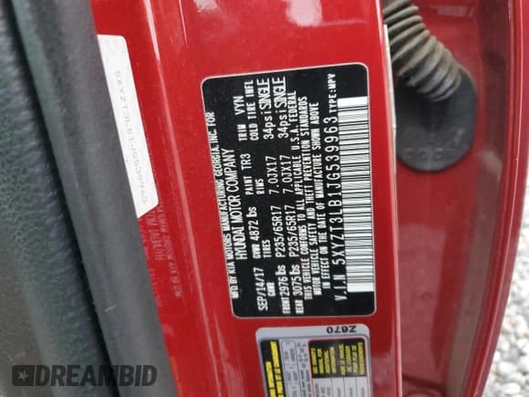 ✅ 2018 Hyundai Santa Fe 2.4L • VIN: 5XYZT3LB1JG539963 • Lot: 92216535. Listed on Copart with 119,123 mi. Free auction sales archive from the USA and detailed vehicle history report at DreamBid. Image 13.