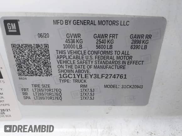 2020 Chevrolet Silverado 2500HD Work Truck z VIN 1GC1YLEY3LF274761, wystawiony jako IAAI lot #40893959 z przebiegiem 191 742 mil mil oraz . Historia ofert i sprzedaży dostępna na DreamBid. Obrazek 9.