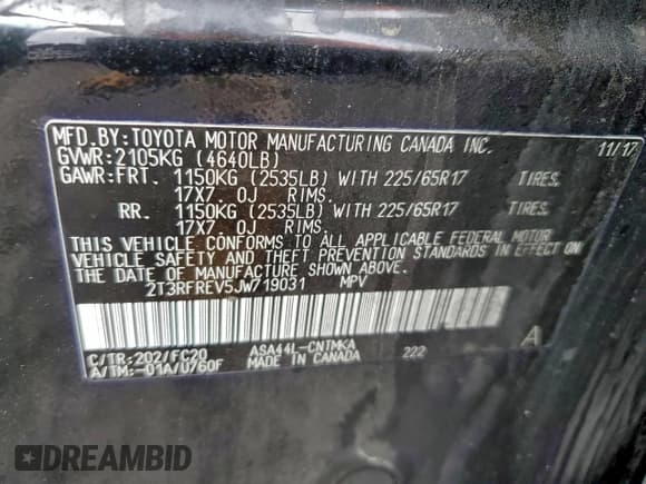 ✅ 2018 Toyota RAV4 XLE • VIN: 2T3RFREV5JW719031 • Лот: 94238525. Опубликован ранее на Copart с пробегом 127 277 миль. Бесплатный доступ к архиву аукционных продаж из США и подробный отчёт об истории автомобиля на DreamBid. Изображение 13.