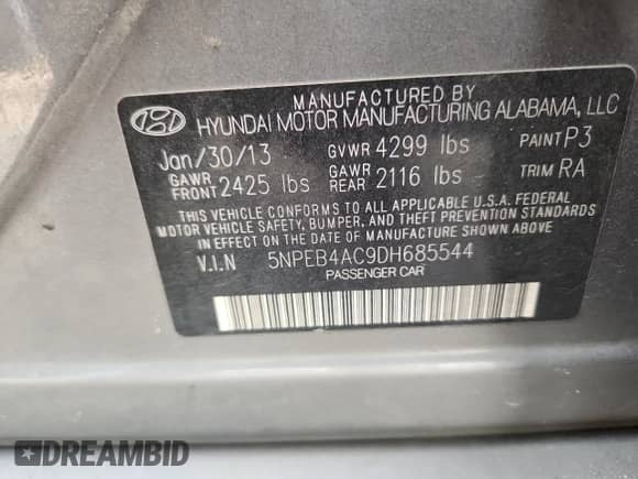 2013 Hyundai Sonata GLS with VIN 5NPEB4AC9DH685544, listed as a Copart auction lot 70215285 with 135,684 mi miles and Salvage title. Bid and sale history available at DreamBid. Image 12.