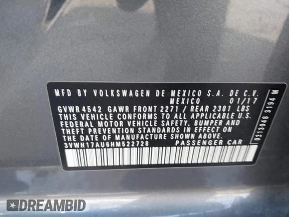 ✅ 2017 Volkswagen Golf S • VIN: 3VWH17AU6HM522728 • Lot: 43641462. Listed on IAAI with 92,397 mi. Free auction sales archive from the USA and detailed vehicle history report at DreamBid. Image 9.