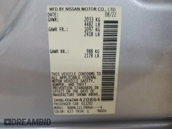 ✅ 2022 Nissan Altima SL • VIN: 1N4BL4EW2NN420864 • Lot: 55946605. Wystawiony na Copart z przebiegiem 39 576 mil. Bezpłatny archiwum sprzedaży aukcyjnych z USA i szczegółowy raport historii pojazdu na DreamBid. Zdjęcie 12.