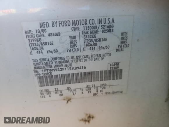 ✅ 2001 Ford F-350 XL • VIN: 1FTWW32F11EA89416 • Lot: 59894205. Listed on Copart with 205,529 mi. Free auction sales archive from the USA and detailed vehicle history report at DreamBid. Image 12.