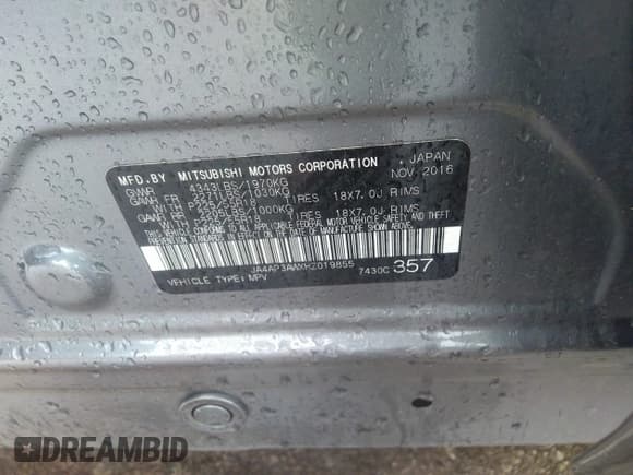 ✅ 2017 Mitsubishi Outlander SE • VIN: JA4AP3AWXHZ019855 • Lot: 39229476. Listed on IAAI with 61,645 mi. Free auction sales archive from the USA and detailed vehicle history report at DreamBid. Image 9.