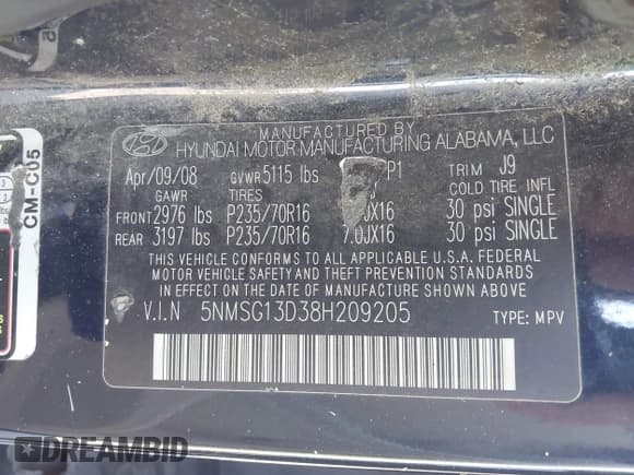 ✅ 2008 Hyundai Santa Fe GLS • VIN: 5NMSG13D38H209205 • Лот: 43652590. Опубликован ранее на IAAI с пробегом 156 104 миль. Бесплатный доступ к архиву аукционных продаж из США и подробный отчёт об истории автомобиля на DreamBid. Изображение 9.