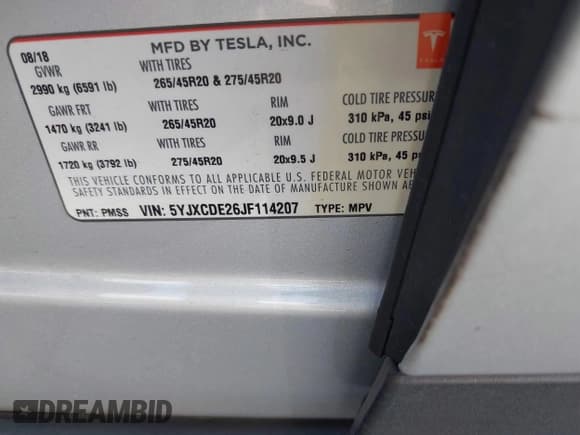 ✅ 2018 Tesla Model X 75D • VIN: 5YJXCDE26JF114207 • Lot: 42397839. Listed on IAAI with Not provided. Free auction sales archive from the USA and detailed vehicle history report at DreamBid. Image 9.