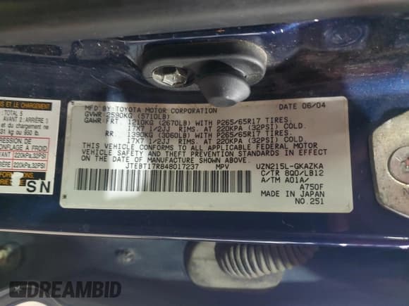 ✅ 2004 Toyota 4Runner Limited • VIN: JTEBT17R848017237 • Lot: 91647905. Listed on Copart with 110,760 mi. Free auction sales archive from the USA and detailed vehicle history report at DreamBid. Image 13.