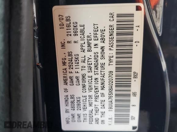 ✅ 2008 Acura TL Type S • VIN: 19UUA765X8A020709 • Lot: 86409655. Listed on Copart with 217,628 mi. Free auction sales archive from the USA and detailed vehicle history report at DreamBid. Image 12.