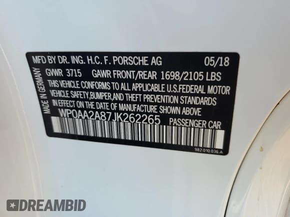 ✅ 2018 Porsche 718 Cayman • VIN: WP0AA2A87JK262265 • Lot: 72843263. Listed on Copart with 32,732 mi. Free auction sales archive from the USA and detailed vehicle history report at DreamBid. Image 13.