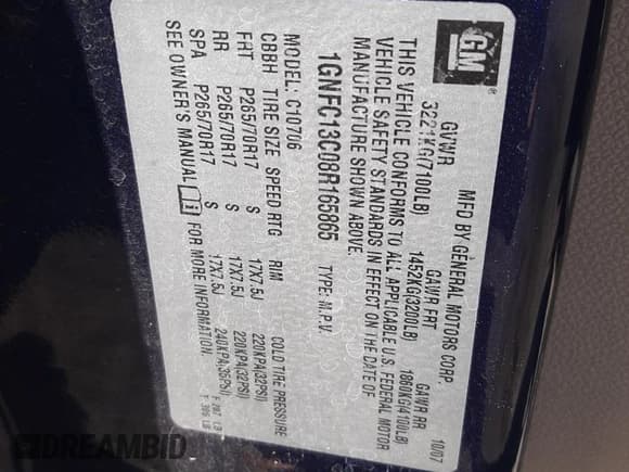 ✅ 2008 Chevrolet Tahoe LS • VIN: 1GNFC13C08R165865 • Lot: 58601235. Listed on Copart with 173,735 mi. Free auction sales archive from the USA and detailed vehicle history report at DreamBid. Image 13.