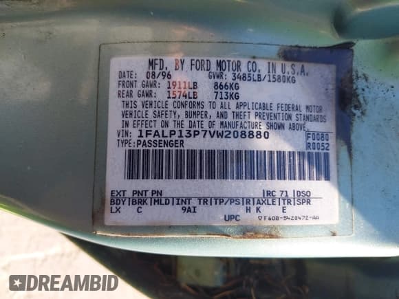 ✅ 1997 Ford Escort LX • VIN: 1FALP13P7VW208880 • Lot: 42867041. Listed on IAAI with 149,495 mi. Free auction sales archive from the USA and detailed vehicle history report at DreamBid. Image 9.