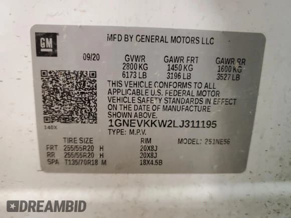 ✅ 2020 Chevrolet Traverse Premier • VIN: 1GNEVKKW2LJ311195 • Lot: 58637855. Listed on Copart with 112,317 mi. Free auction sales archive from the USA and detailed vehicle history report at DreamBid. Image 14.