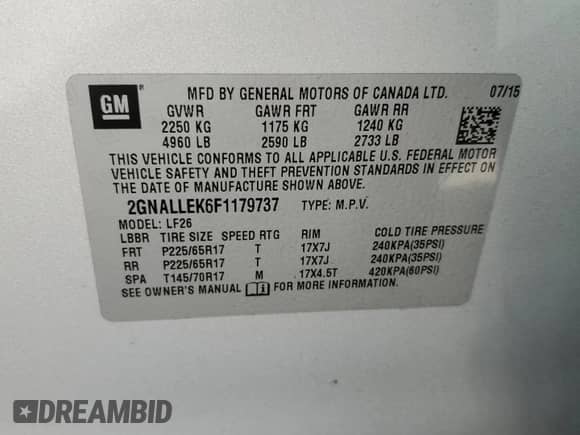 2015 Chevrolet Equinox L z VIN 2GNALLEK6F1179737, wystawiony jako Copart lot #84955455 z przebiegiem 114 759 mil mil oraz Szkoda całkowita • Salvage title. Historia ofert i sprzedaży dostępna na DreamBid. Obrazek 14.