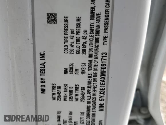 ✅ 2021 Tesla Model 3 Standard Range Plus • VIN: 5YJ3E1EAXMF091713 • Lot: 53903925. Wystawiony na Copart z przebiegiem 50 102 mil. Bezpłatny archiwum sprzedaży aukcyjnych z USA i szczegółowy raport historii pojazdu na DreamBid. Zdjęcie 12.