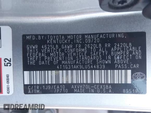 2020 Toyota Camry Hybrid SE z VIN 4T1G31AK9LU544839, wystawiony jako IAAI lot #42515791 z przebiegiem 53 023 mil mil oraz . Historia ofert i sprzedaży dostępna na DreamBid. Obrazek 9.