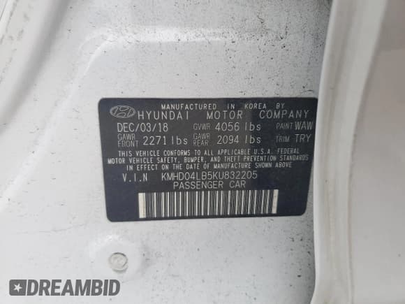 ✅ 2019 Hyundai Elantra Sport • VIN: KMHD04LB5KU832205 • Lot: 63470215. Listed on Copart with 95,183 mi. Free auction sales archive from the USA and detailed vehicle history report at DreamBid. Image 12.