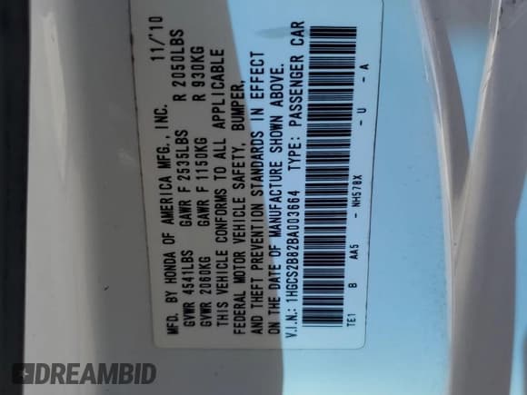 ✅ 2011 Honda Accord EX-L • VIN: 1HGCS2B82BA003664 • Lot: 83066274. Listed on Copart with 83,482 mi. Free auction sales archive from the USA and detailed vehicle history report at DreamBid. Image 13.