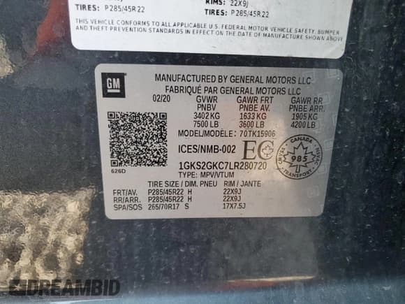 ✅ 2020 GMC Yukon XL SLT • VIN: 1GKS2GKC7LR280720 • Lot: 63339585. Listed on Copart with 46,553 mi. Free auction sales archive from the USA and detailed vehicle history report at DreamBid. Image 13.