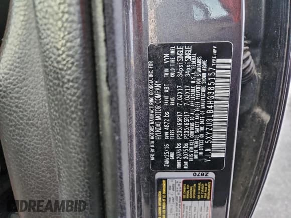 ✅ 2017 Hyundai Santa Fe 2.4L • VIN: 5XYZU3LB4HG385157 • Lot: 95257105. Listed on Copart with 175,392 mi. Free auction sales archive from the USA and detailed vehicle history report at DreamBid. Image 13.