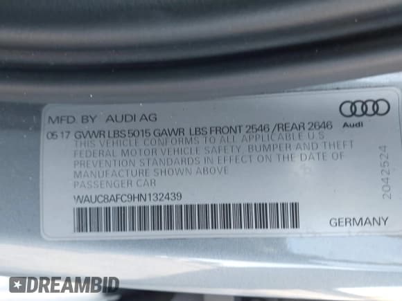 ✅ 2017 Audi A6 Premium • VIN: WAUC8AFC9HN132439 • Lot: 41240979. Listed on IAAI with 94,606 mi. Free auction sales archive from the USA and detailed vehicle history report at DreamBid. Image 9.