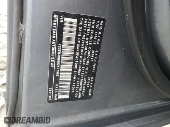 ✅ 2008 Saab 9-5 • VIN: YS3ED49G083507307 • Lot: 43920245. Listed on Copart with 174,439 mi. Free auction sales archive from the USA and detailed vehicle history report at DreamBid. Image 12.