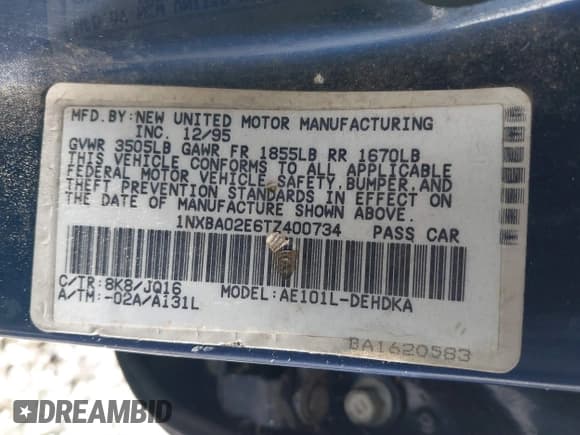 ✅ 1996 Toyota Corolla • VIN: 1NXBA02E6TZ400734 • Лот: 41772443. Опубликован ранее на IAAI с пробегом 185 923 миль. Бесплатный доступ к архиву аукционных продаж из США и подробный отчёт об истории автомобиля на DreamBid. Изображение 9.