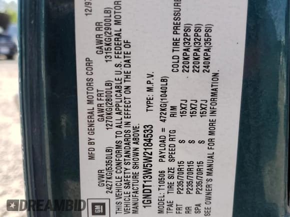 ✅ 1998 Chevrolet Blazer LS • VIN: 1GNDT13W5W2184533 • Лот: 59441555. Опубликован ранее на Copart с пробегом 124 339 миль. Бесплатный доступ к архиву аукционных продаж из США и подробный отчёт об истории автомобиля на DreamBid. Изображение 13.