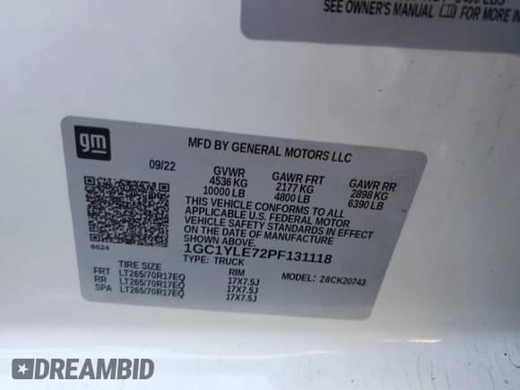 2023 Chevrolet Silverado 2500HD Work Truck with VIN 1GC1YLE72PF131118, listed as a Copart auction lot 85170475 with 114,261 mi miles and Clean title. Bid and sale history available at DreamBid. Image 12.