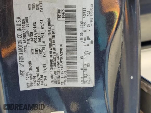 ✅ 2000 Ford F-150 XL • VIN: 1FTRX18L9YKA39810 • Lot: 85877565. Listed on Copart with 191,424 mi. Free auction sales archive from the USA and detailed vehicle history report at DreamBid. Image 12.