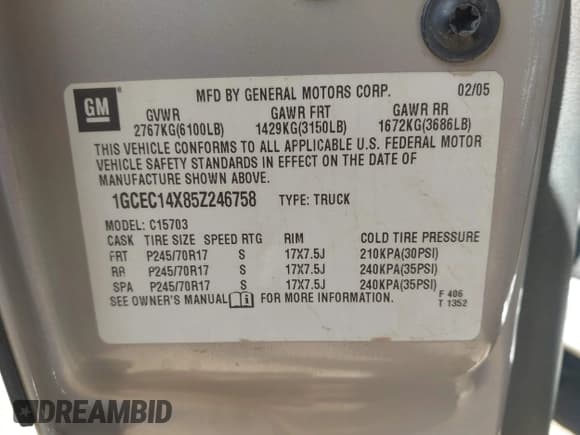 ✅ 2005 Chevrolet Silverado 1500 Work Truck • VIN: 1GCEC14X85Z246758 • Lot: 43175816. Listed on IAAI with 199,824 mi. Free auction sales archive from the USA and detailed vehicle history report at DreamBid. Image 9.