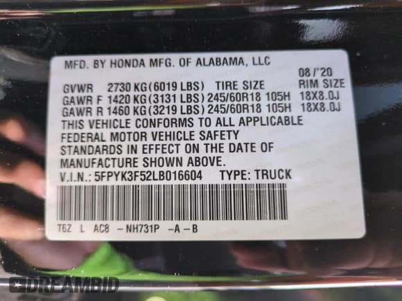✅ 2020 Honda Ridgeline RTL • VIN: 5FPYK3F52LB016604 • Lot: 68767165. Wystawiony na Copart z przebiegiem 42 672 mil. Bezpłatny archiwum sprzedaży aukcyjnych z USA i szczegółowy raport historii pojazdu na DreamBid. Zdjęcie 13.
