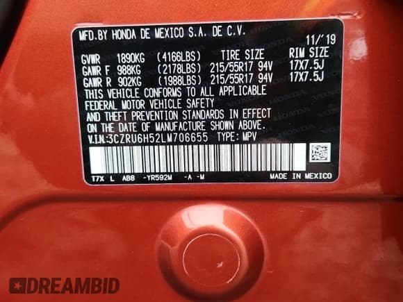 ✅ 2020 Honda HR-V EX • VIN: 3CZRU6H52LM706655 • Лот: 93192615. Опубликован ранее на Copart с пробегом 64 823 миль. Бесплатный доступ к архиву аукционных продаж из США и подробный отчёт об истории автомобиля на DreamBid. Изображение 12.