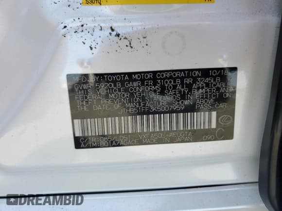 ✅ 2019 Lexus LS 500 • VIN: JTHB51FF3K5007959 • Lot: 59052035. Listed on Copart with 94,388 mi. Free auction sales archive from the USA and detailed vehicle history report at DreamBid. Image 12.