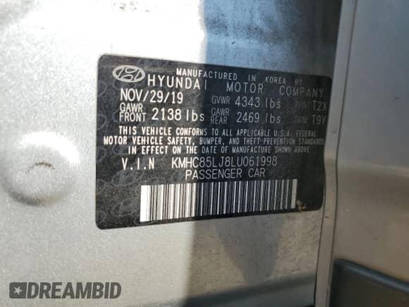 2020 Hyundai Ioniq Limited z VIN KMHC85LJ8LU061998, wystawiony jako Copart lot #67935414 z przebiegiem 39 404 mil mil oraz Szkoda całkowita • Salvage title. Historia ofert i sprzedaży dostępna na DreamBid. Obrazek 13.