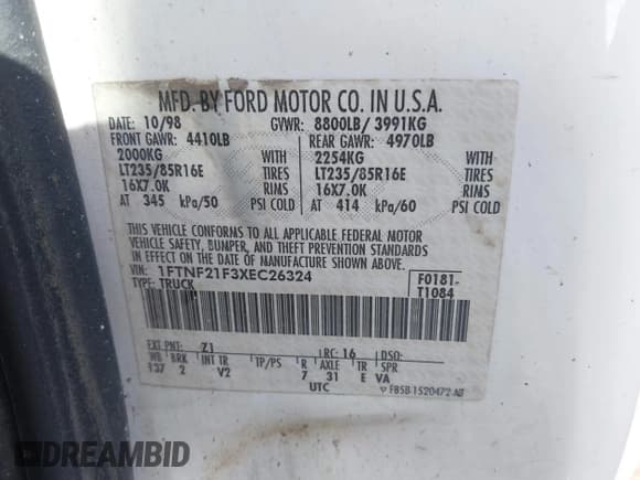 ✅ 1999 Ford F-250 XL • VIN: 1FTNF21F3XEC26324 • Lot: 41433149. Listed on IAAI with 203,634 mi. Free auction sales archive from the USA and detailed vehicle history report at DreamBid. Image 9.